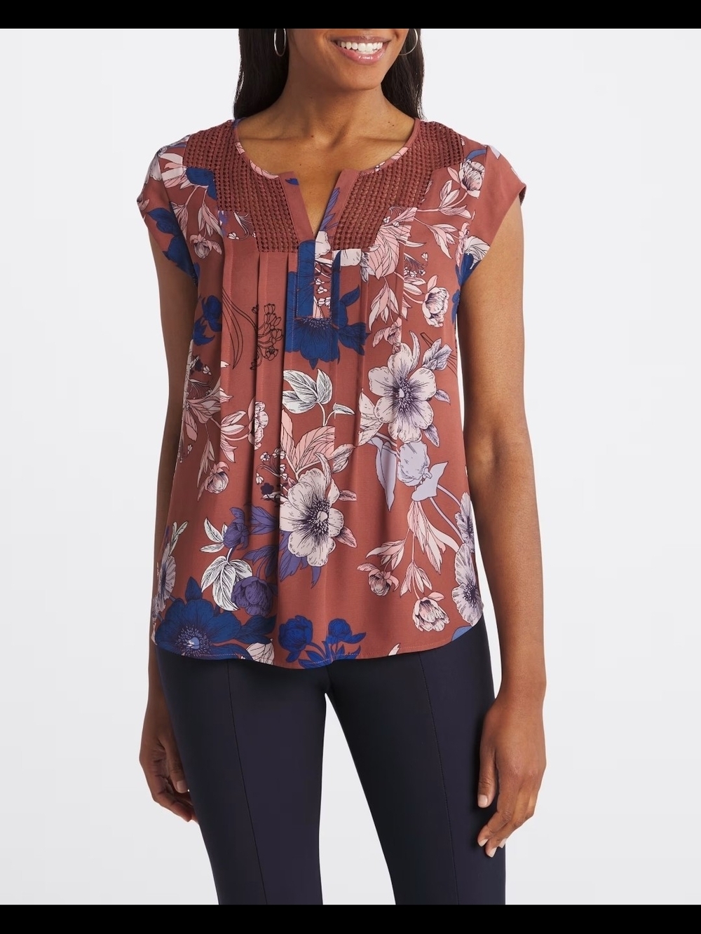 Daniel Rainn Rust Floral Pintuck Cap-Sleeve Blouse with Blue Accents